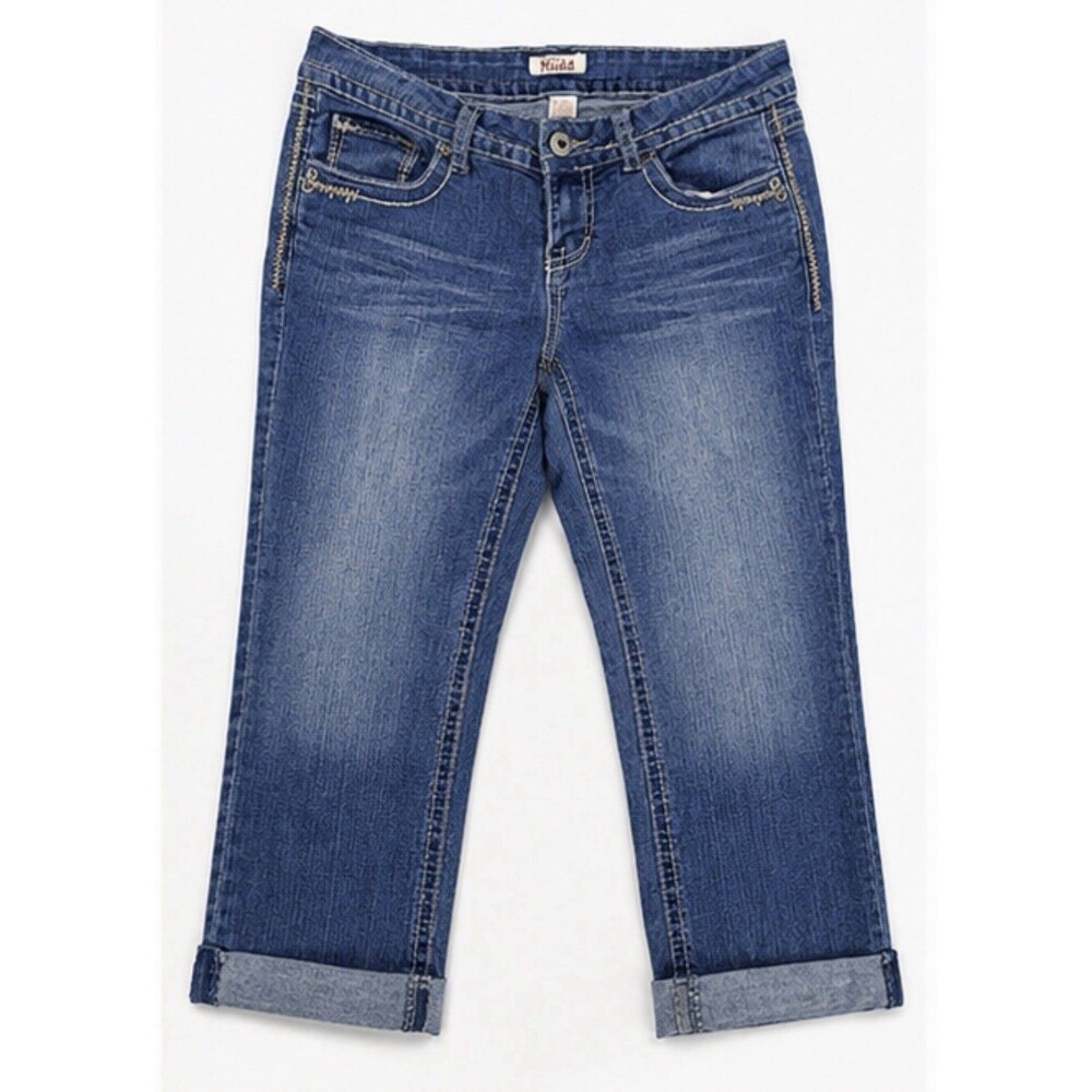 Mudd Women’s Juniors Size 3 Blue Denim Jeans Capri Cuffed Hem Thick Stitch